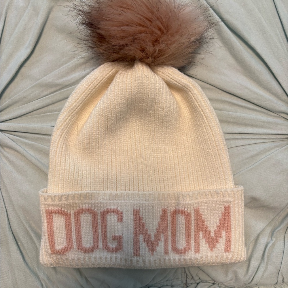 Cream 'Dog Mom' Adult Beanie with Brown Pom